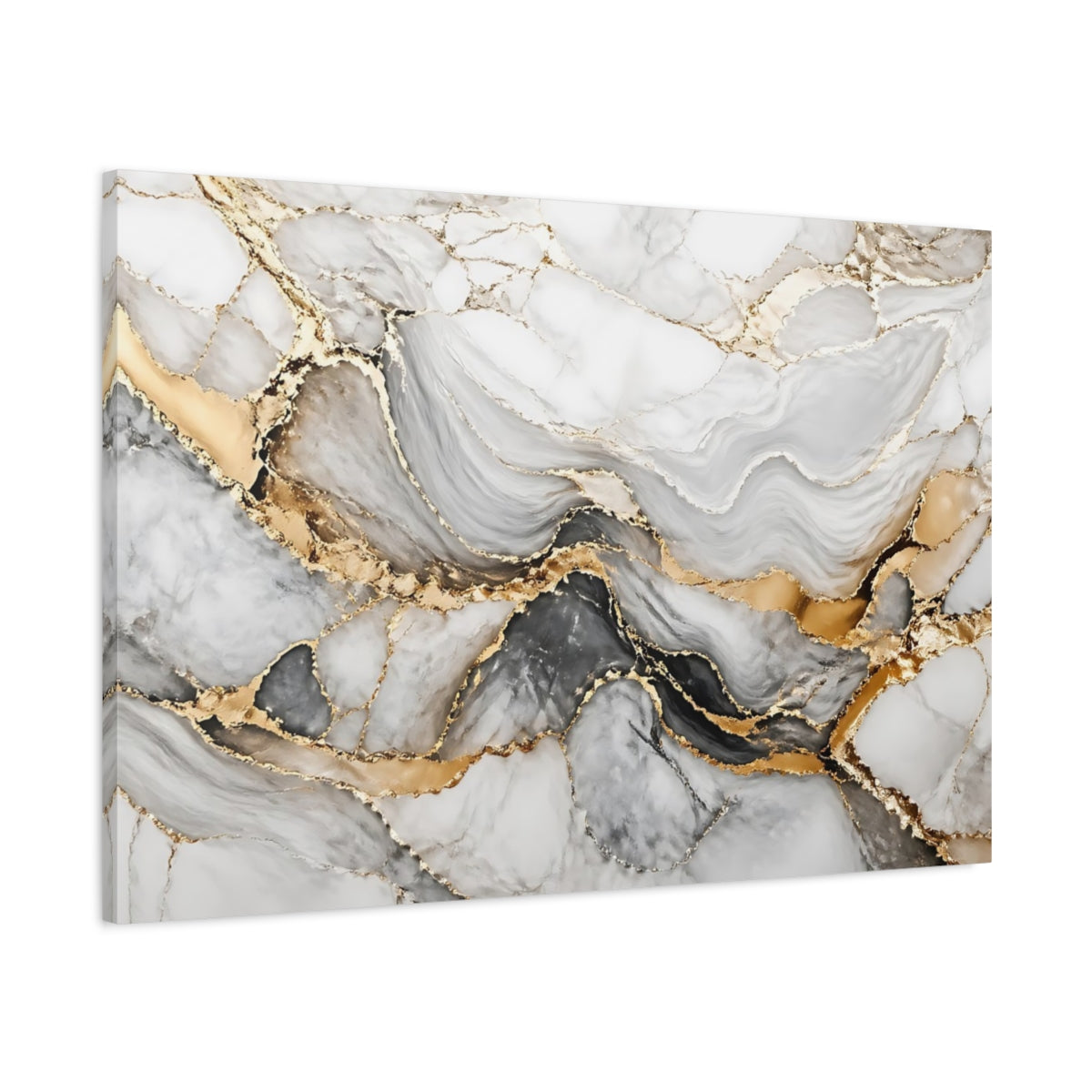 Main Mockup. Abstract Marble White Grey Gold shown as stretched canvas wall art