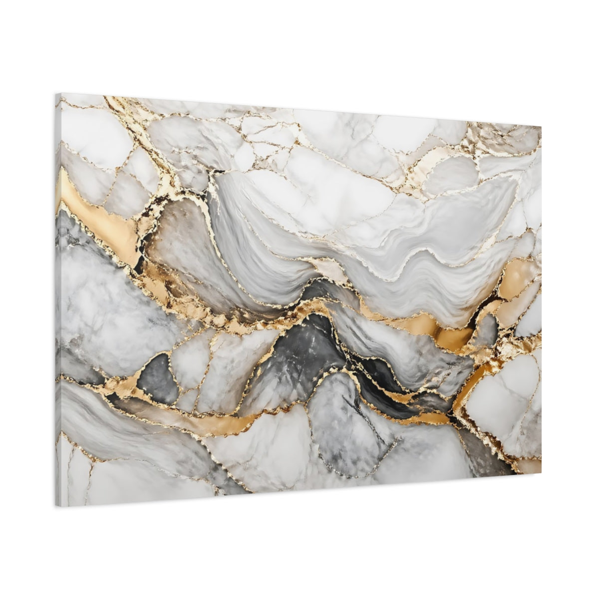 Side Mockup 1. Abstract Marble White Grey Gold shown as stretched canvas wall art