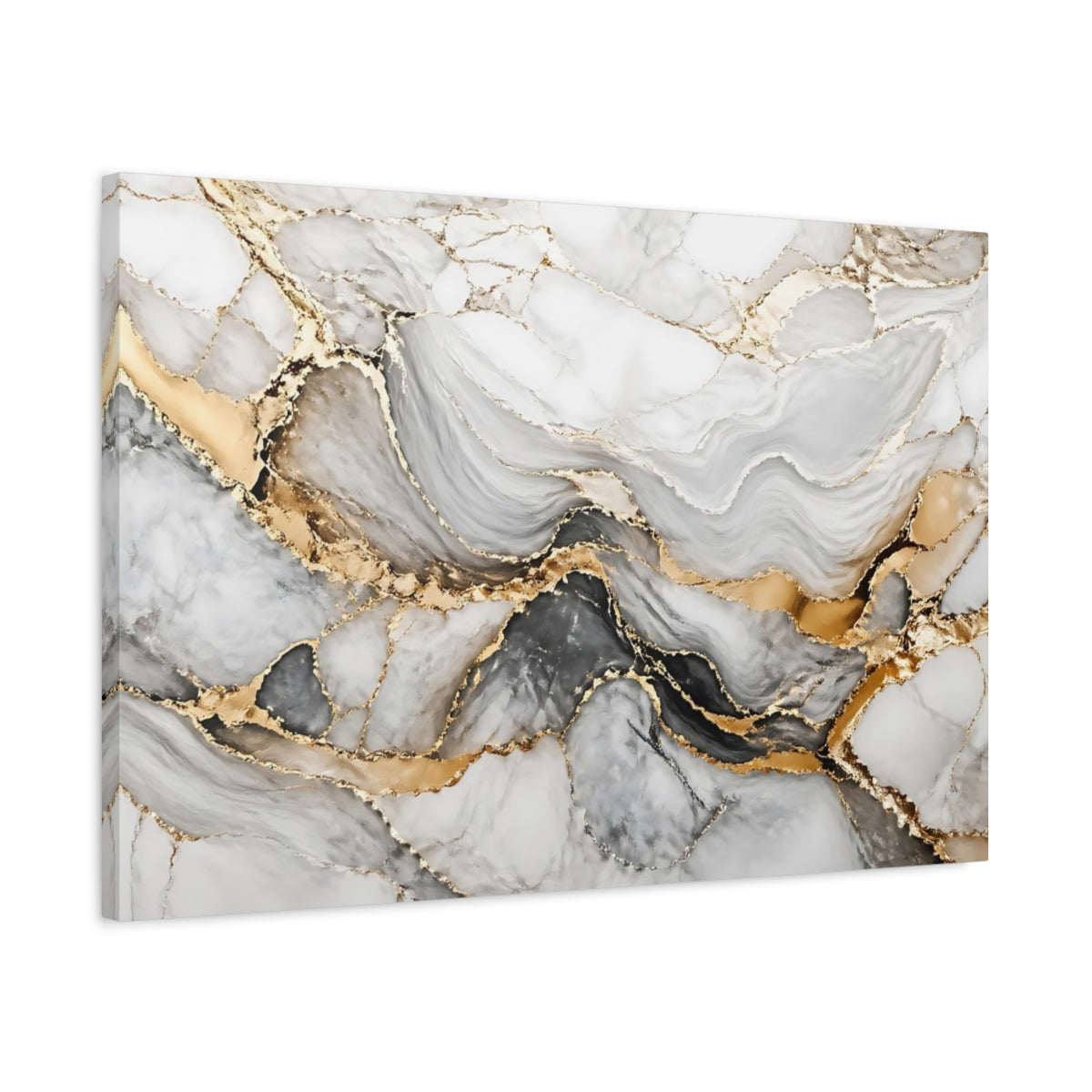 Side Mockup 2. Abstract Marble White Grey Gold shown as stretched canvas wall art