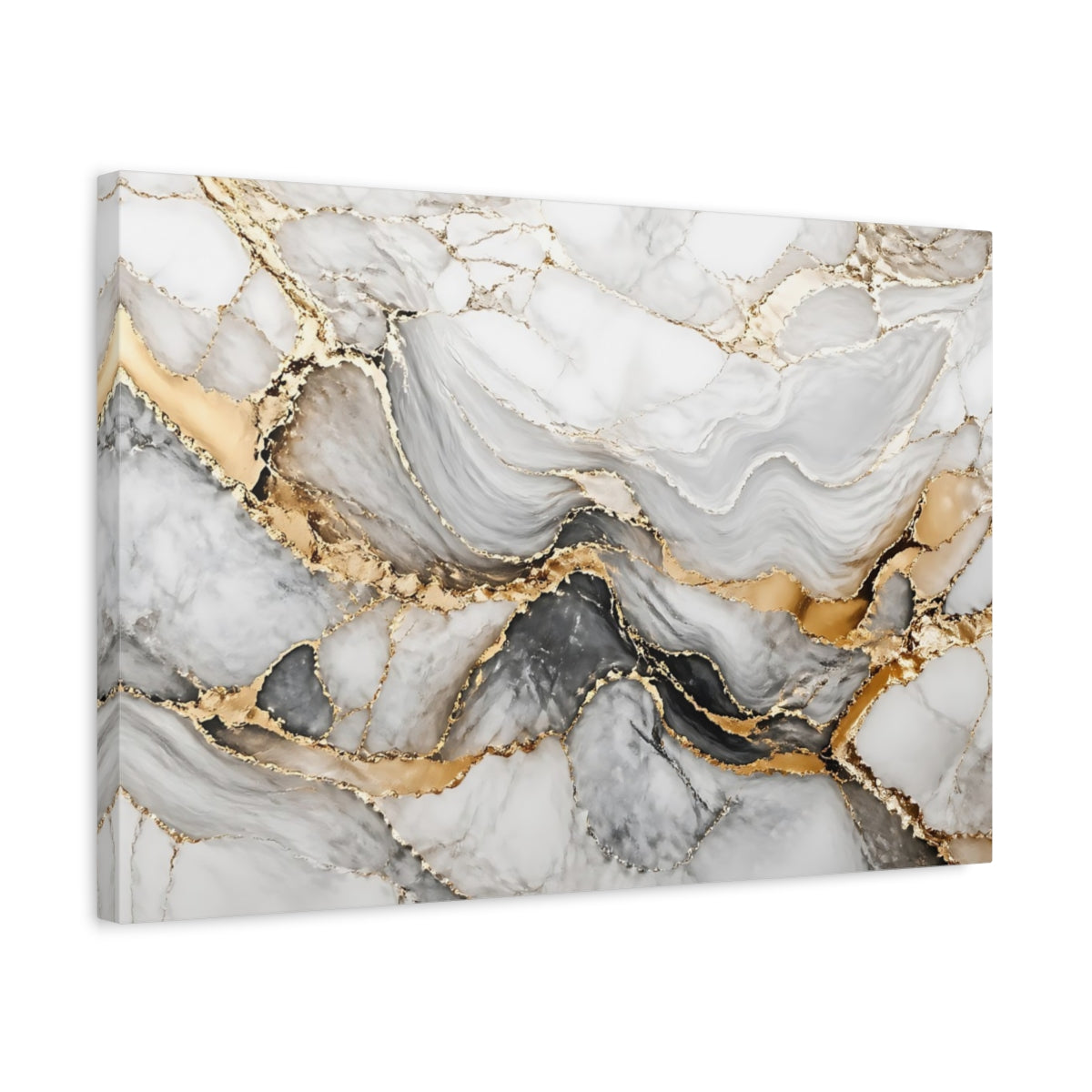 Side Mockup 3. Abstract Marble White Grey Gold shown as stretched canvas wall art
