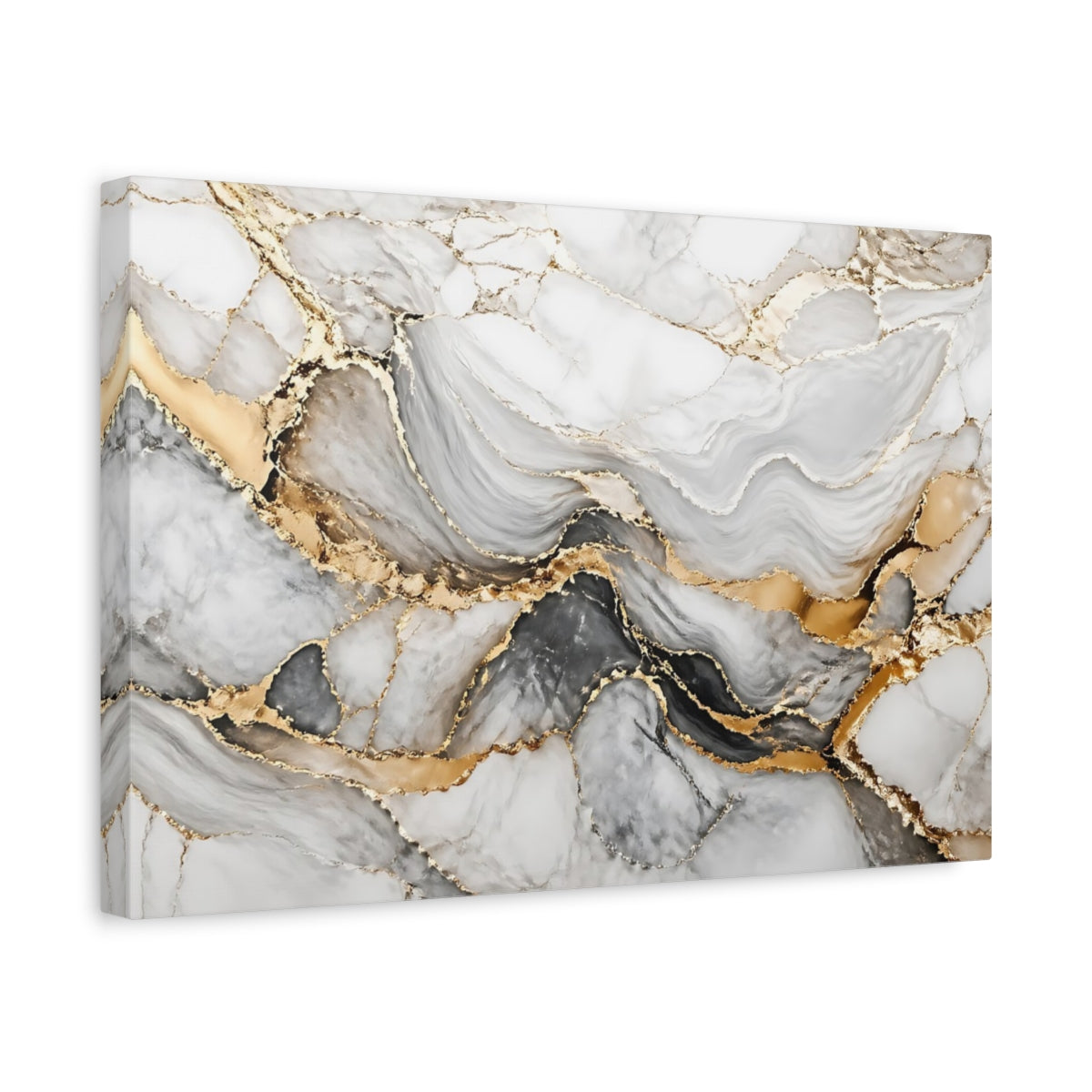 Side Mockup 4. Abstract Marble White Grey Gold shown as stretched canvas wall art