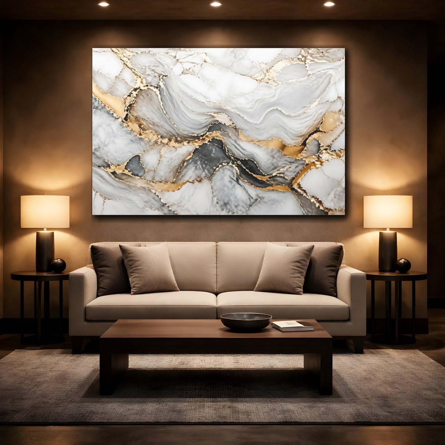 Mockup 2. Abstract Marble White Grey Gold shown as stretched canvas wall art