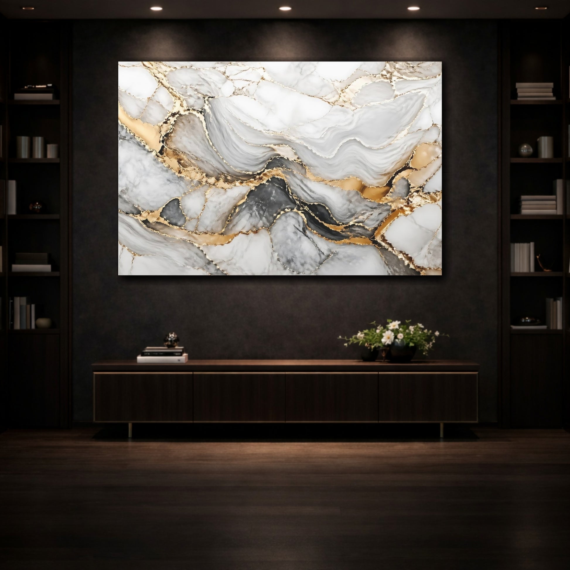 Mockup 3. Abstract Marble White Grey Gold shown as stretched canvas wall art