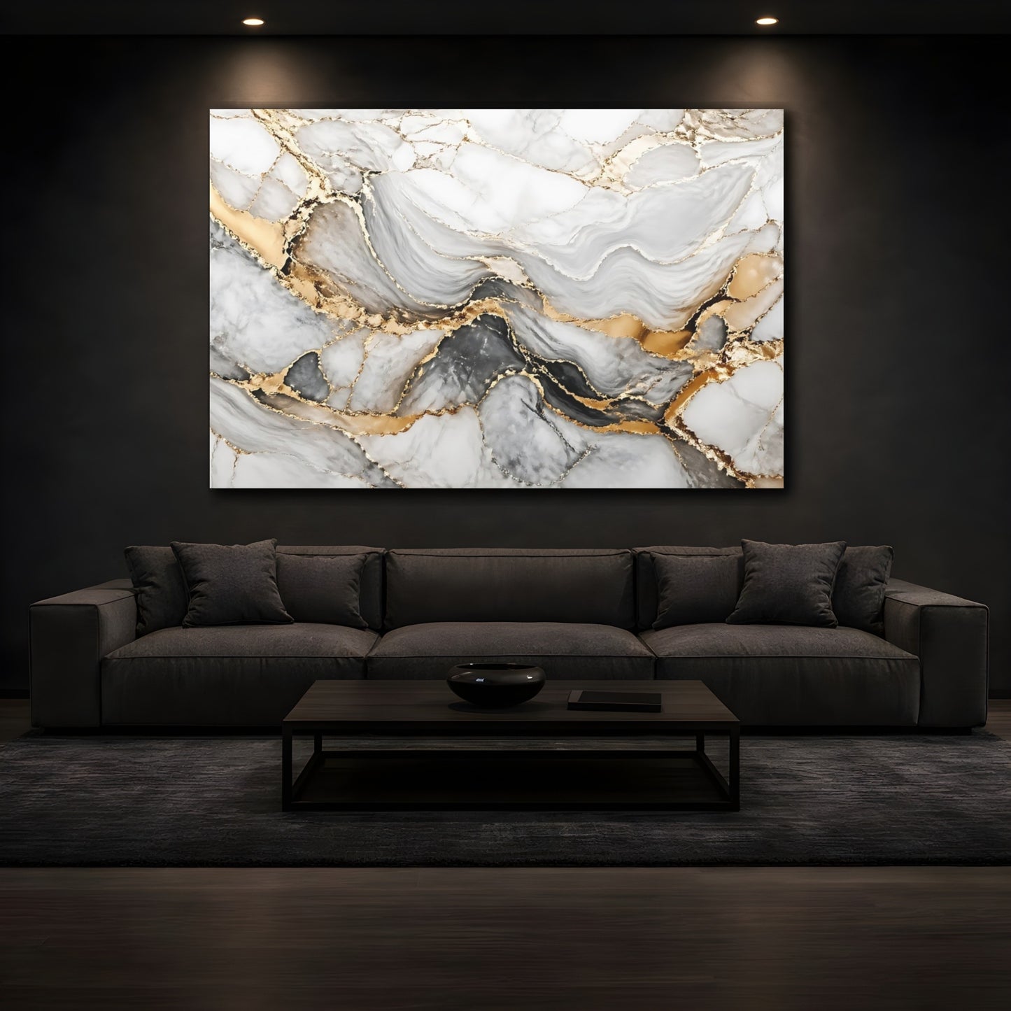 Mockup 4. Abstract Marble White Grey Gold shown as stretched canvas wall art