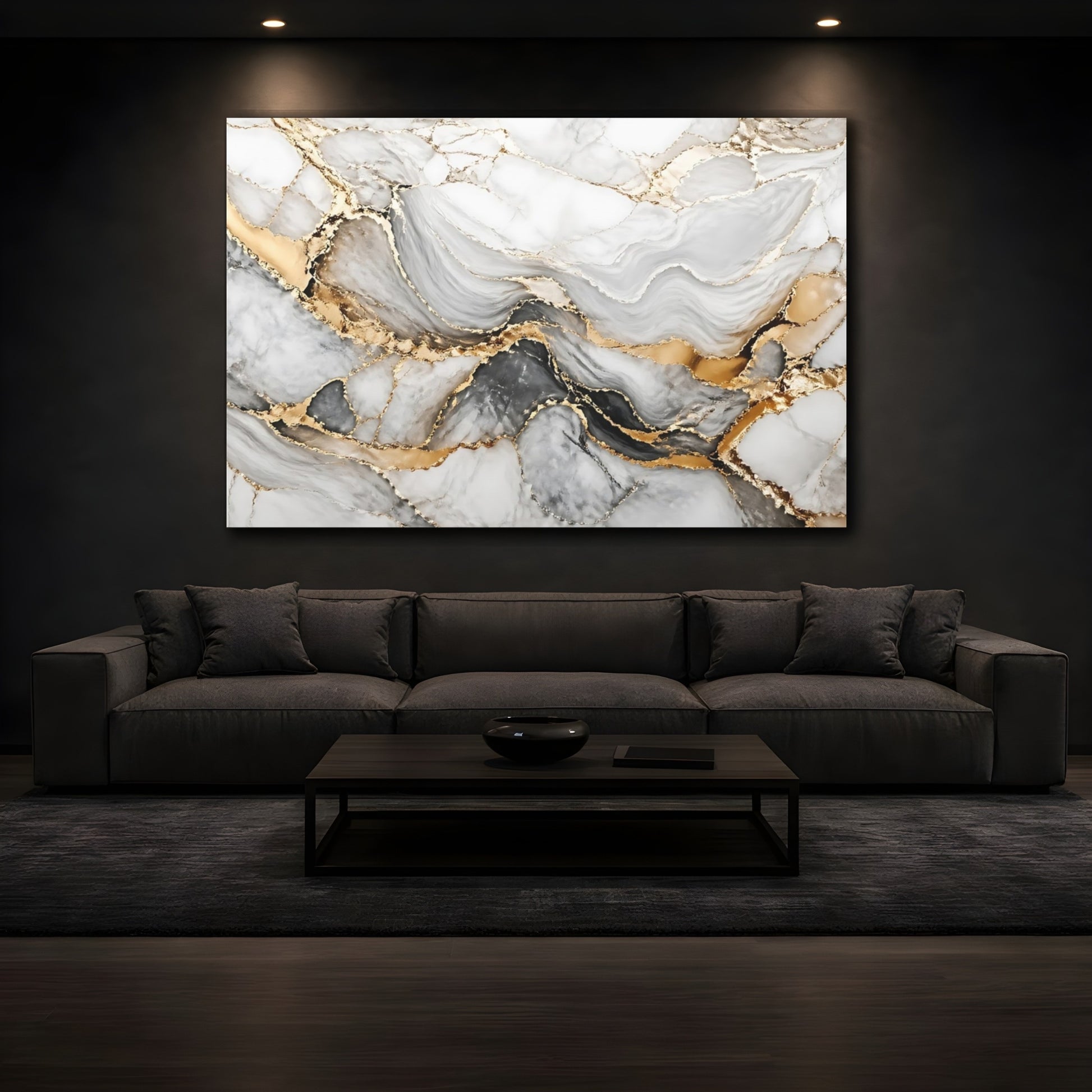 Mockup 4. Abstract Marble White Grey Gold shown as stretched canvas wall art