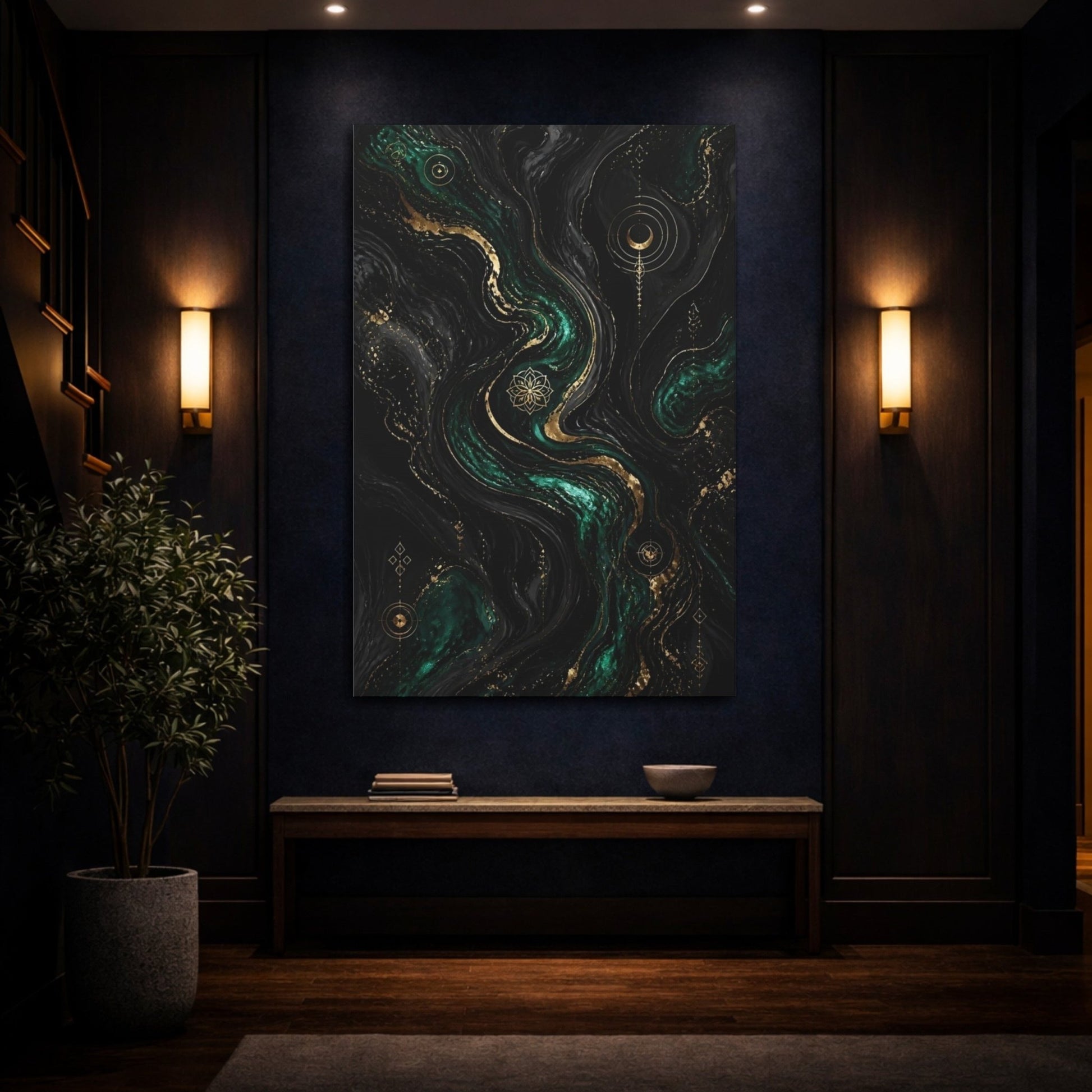 Abstract Marbled Fluid Emerald Gold Canvas Print – Living Room, Large Wall - YesArtYes