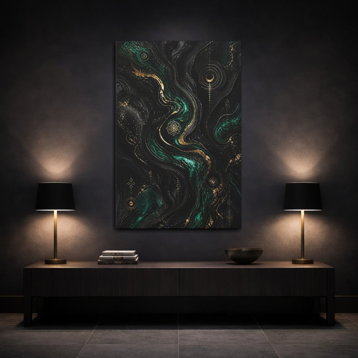 Abstract Marbled Fluid Emerald Gold Canvas Print – Living Room, Large Wall - YesArtYes