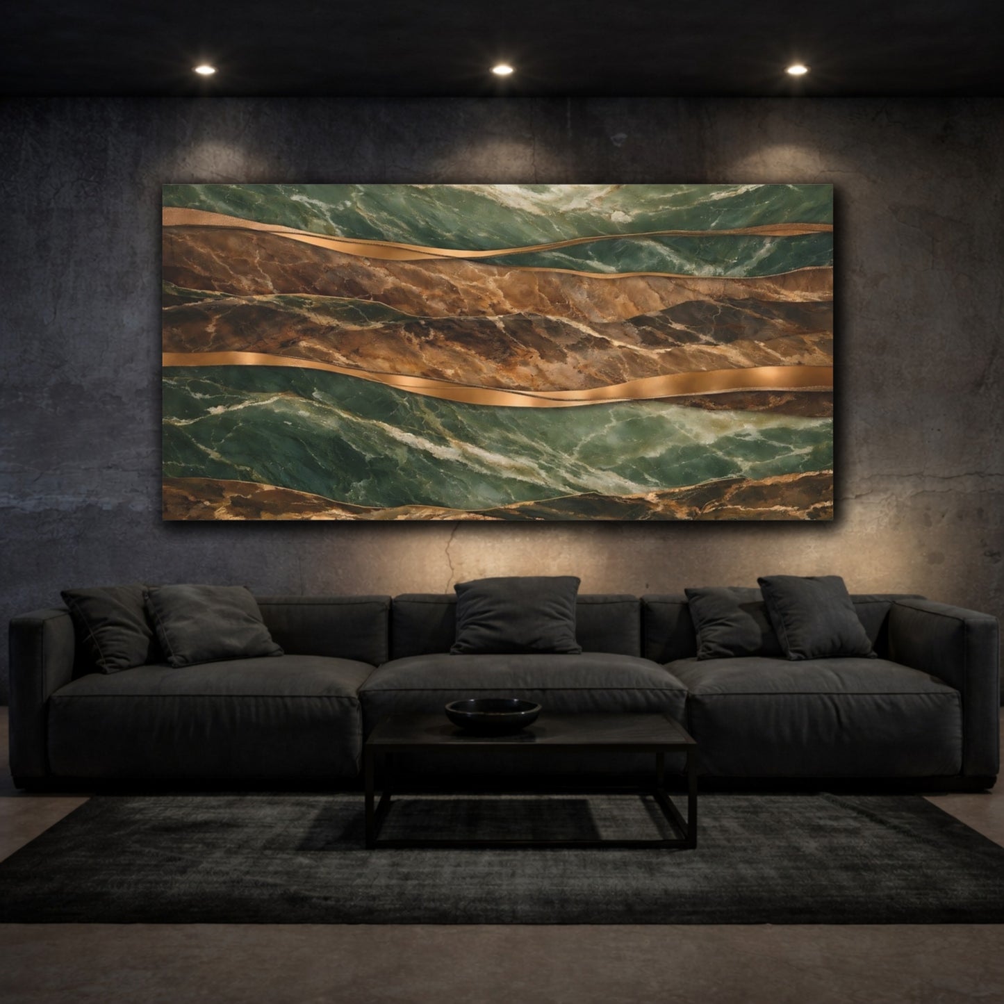 Mockup 2. Abstract Marbled Layers Green And Gold shown as stretched canvas wall art