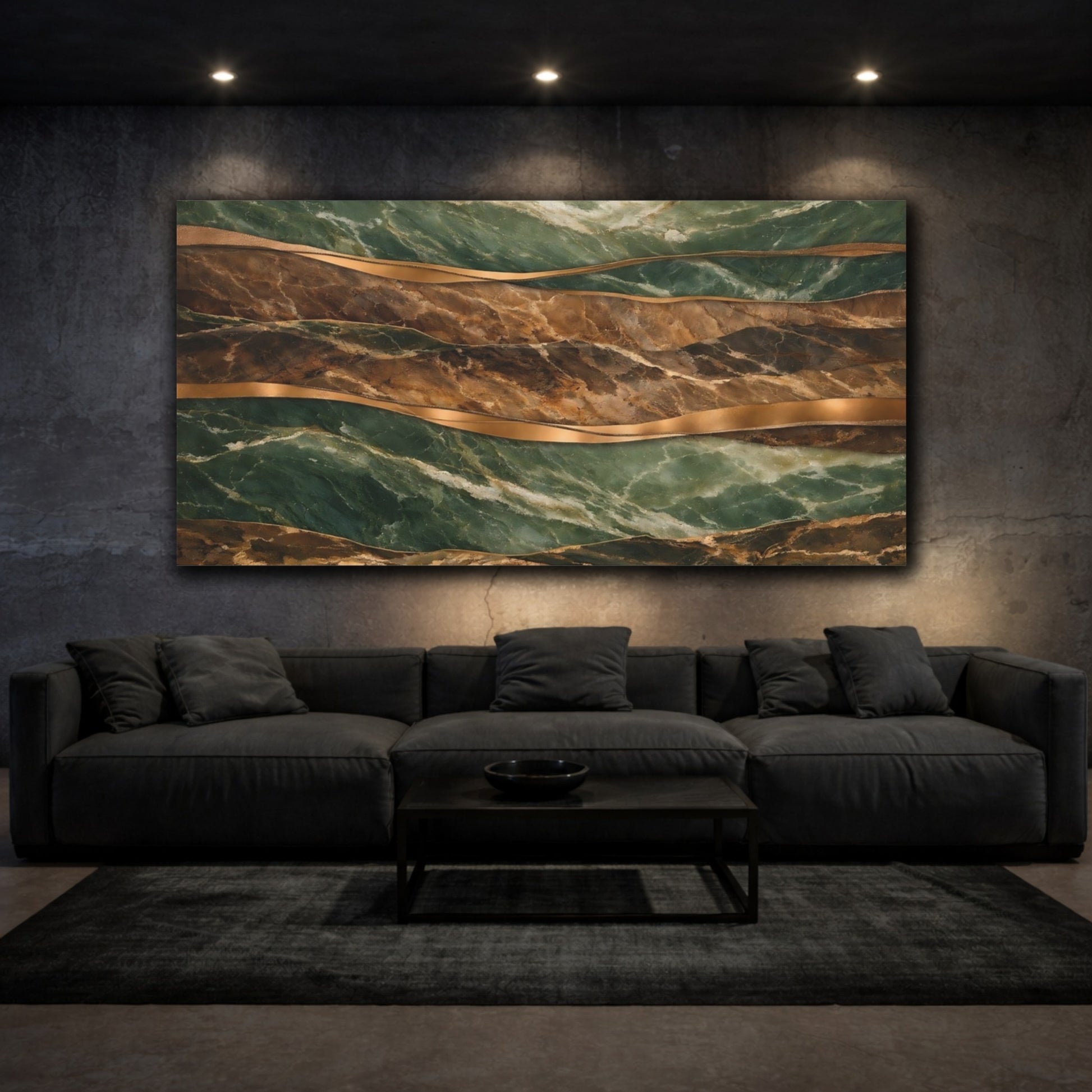 Mockup 2. Abstract Marbled Layers Green And Gold shown as stretched canvas wall art