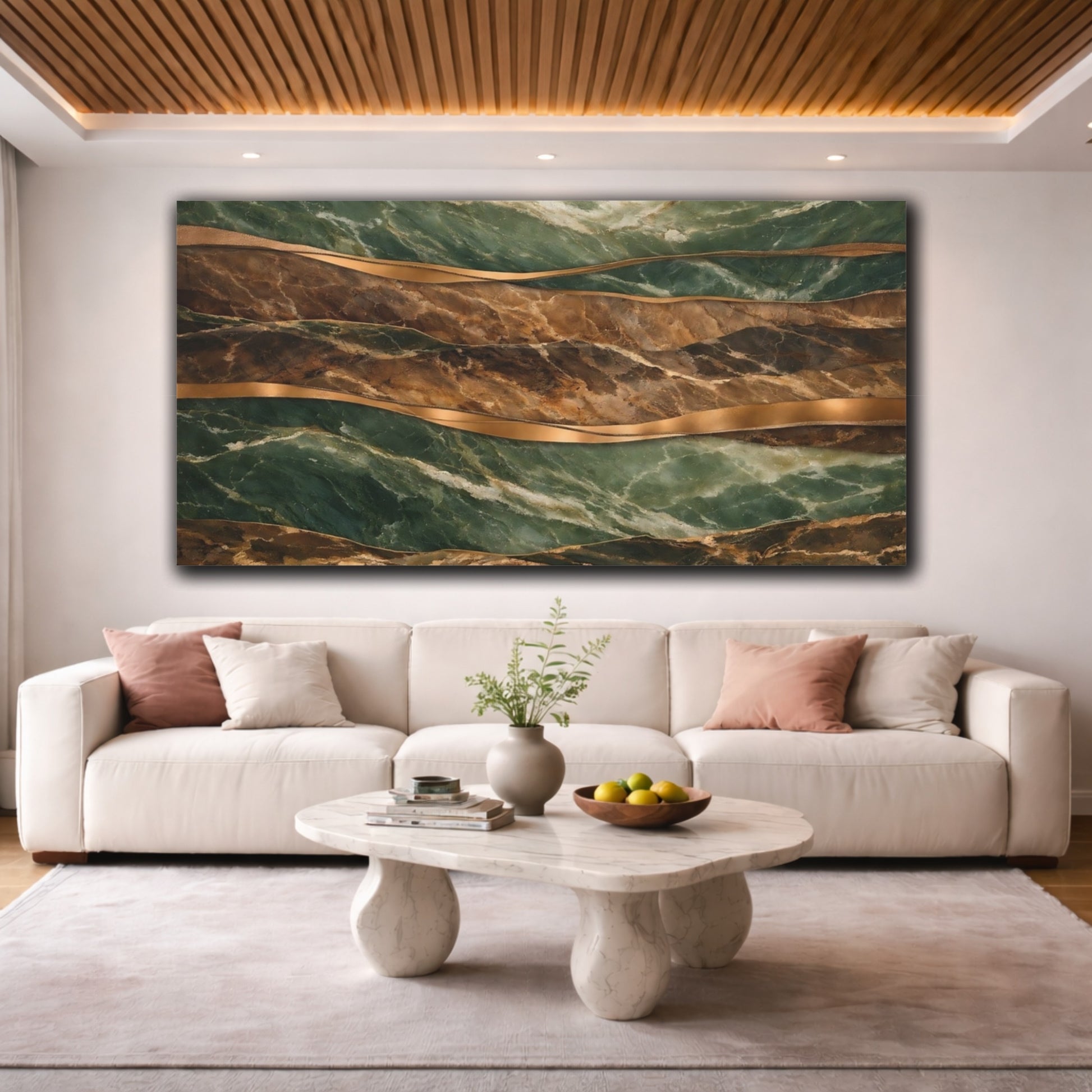 Mockup 3. Abstract Marbled Layers Green And Gold shown as stretched canvas wall art