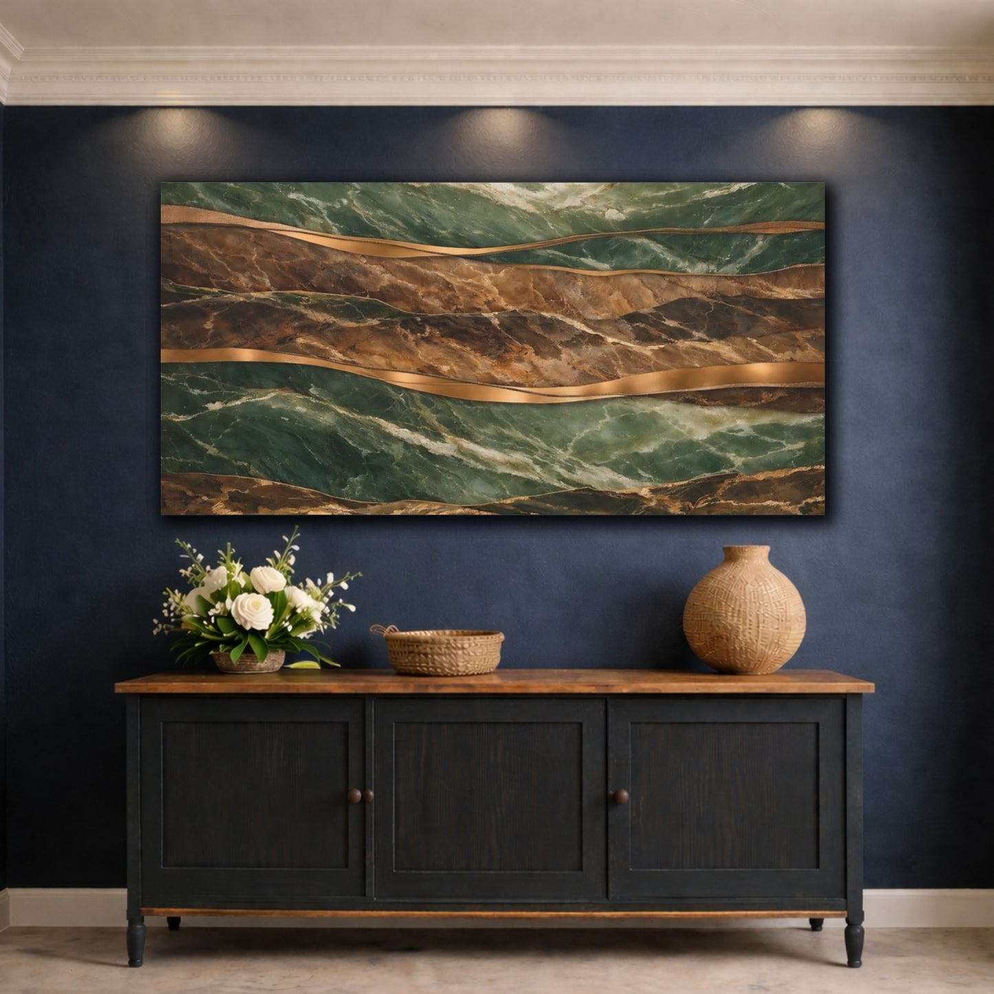 Mockup 4. Abstract Marbled Layers Green And Gold shown as stretched canvas wall art