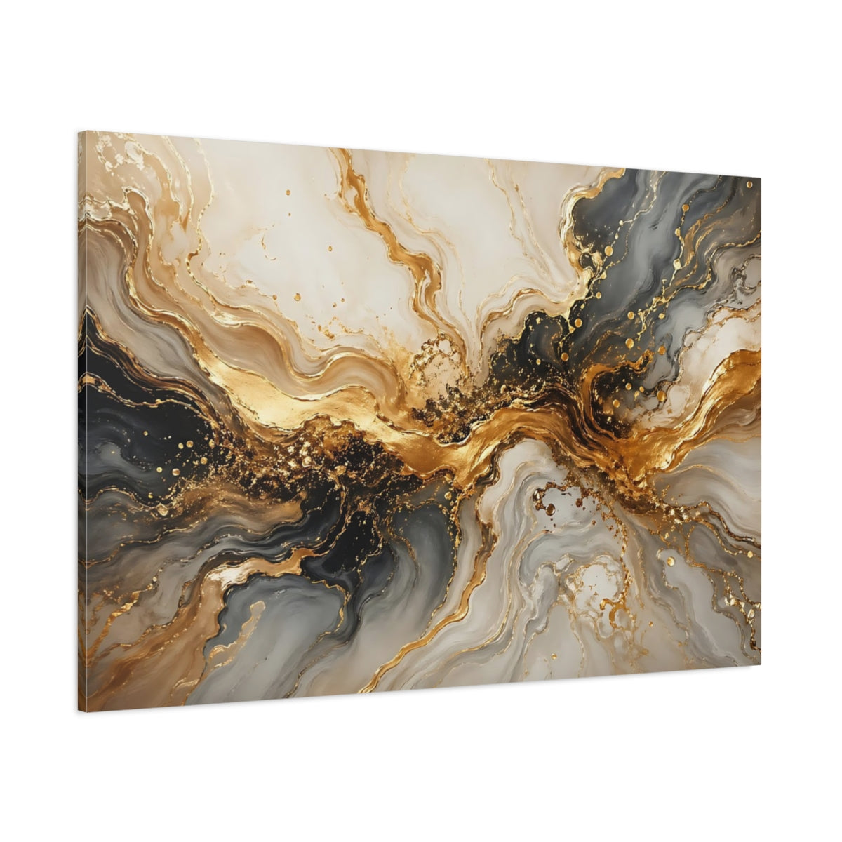 Side Mockup 1. Abstract Abstract Marbling Gold And Grey shown as stretched canvas wall art