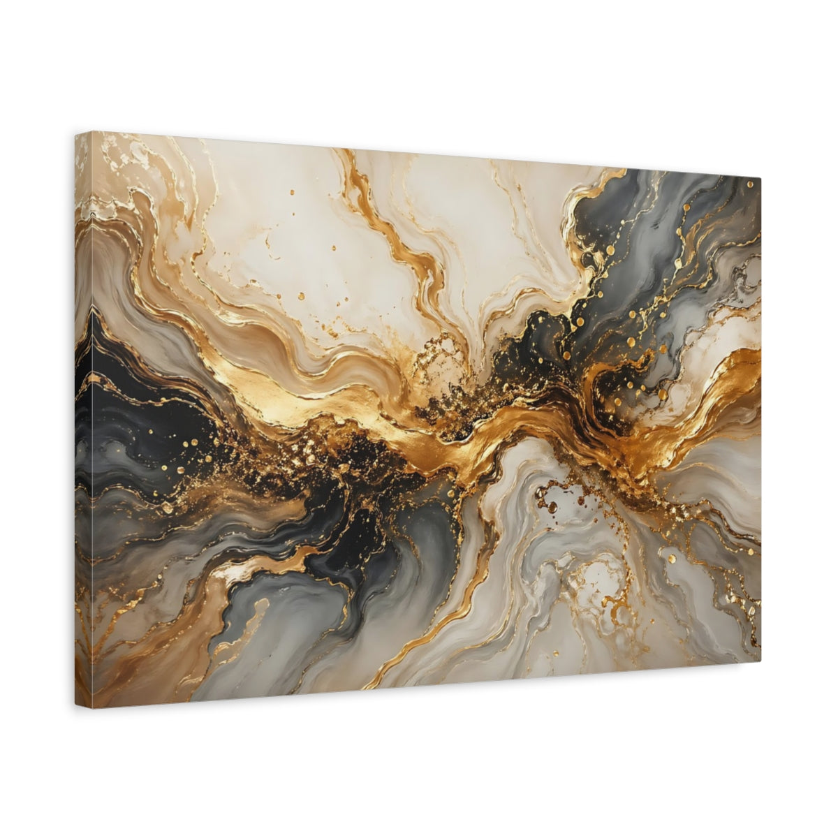 Side Mockup 3. Abstract Abstract Marbling Gold And Grey shown as stretched canvas wall art