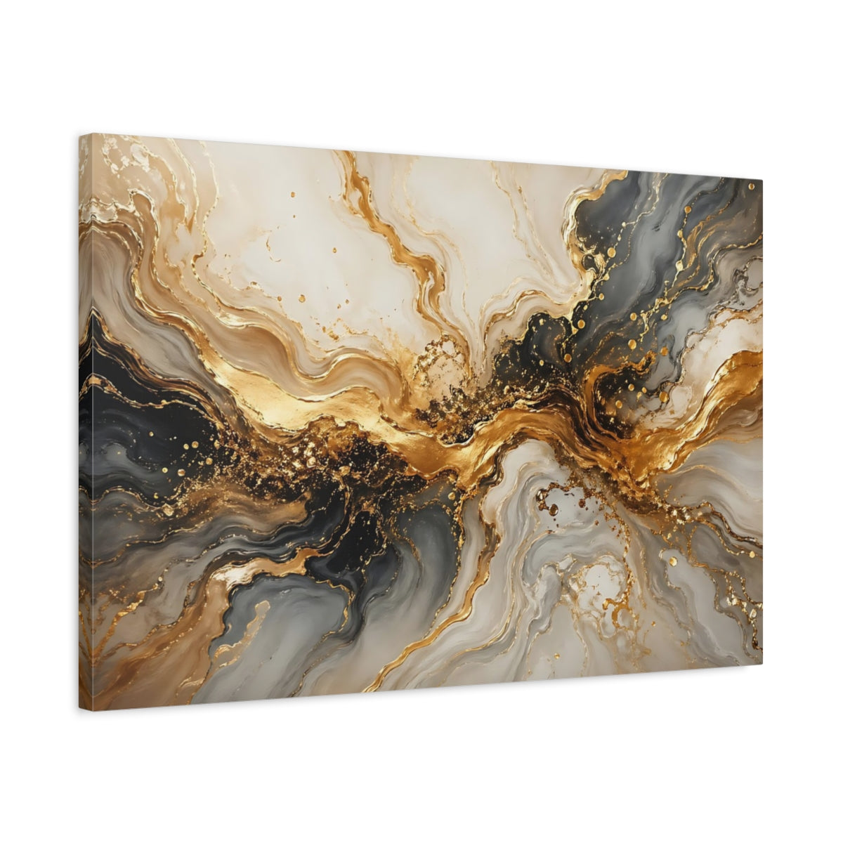 Side Mockup 2. Abstract Abstract Marbling Gold And Grey shown as stretched canvas wall art