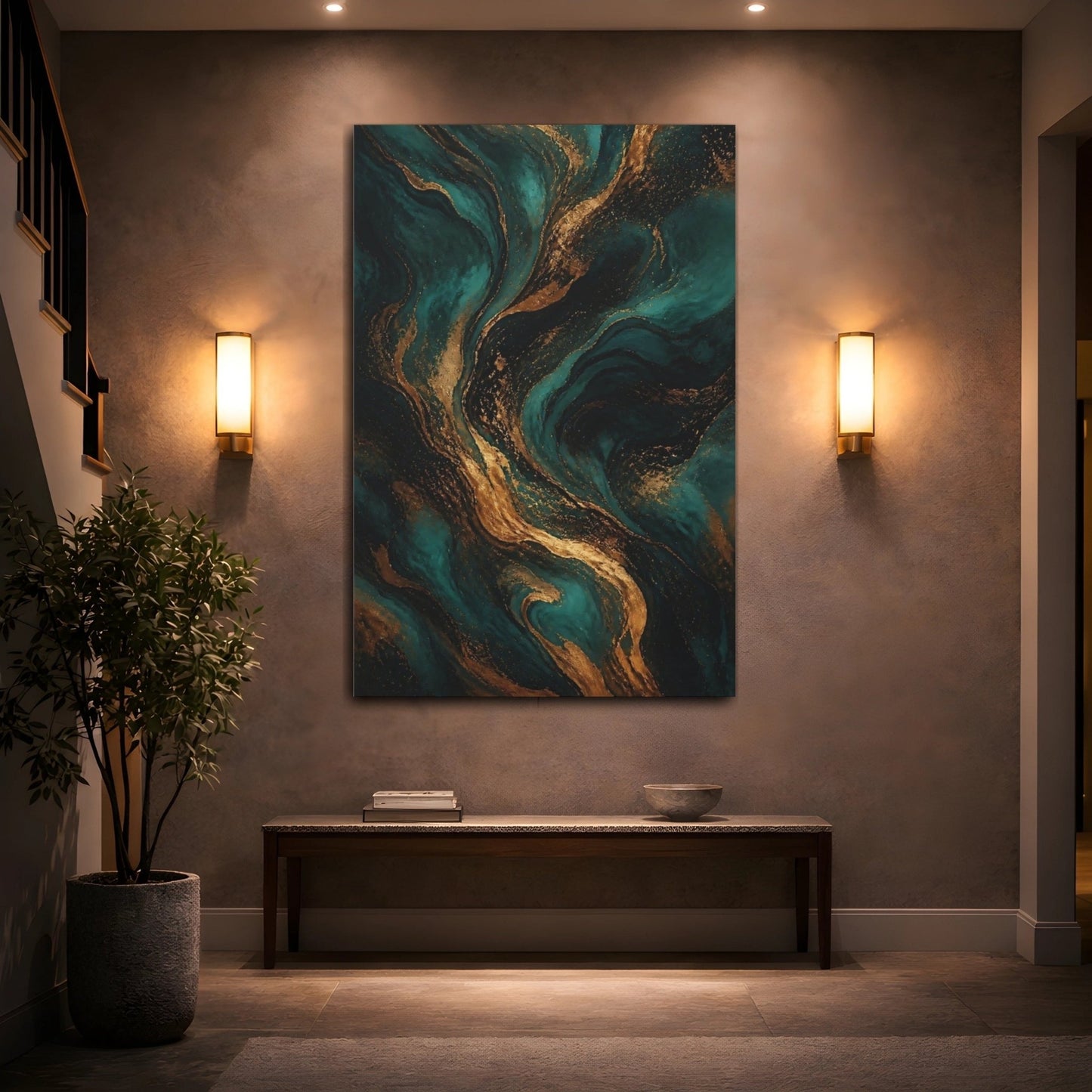 Abstract Marbling Teal And Gold Canvas Wall Art Print – Living Room Decor, Above Couch - YesArtYes