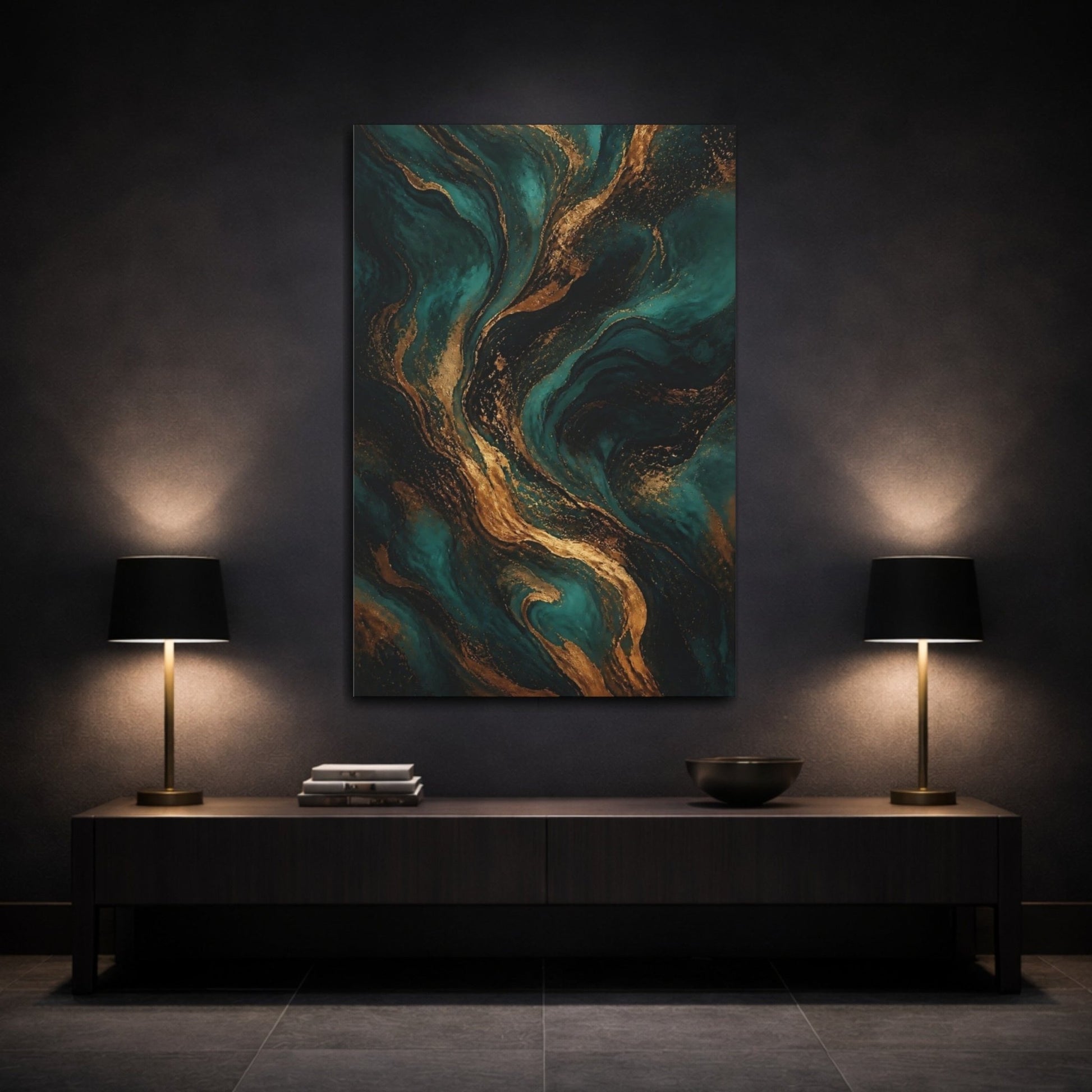 Abstract Marbling Teal And Gold Canvas Wall Art Print – Living Room Decor, Above Couch - YesArtYes