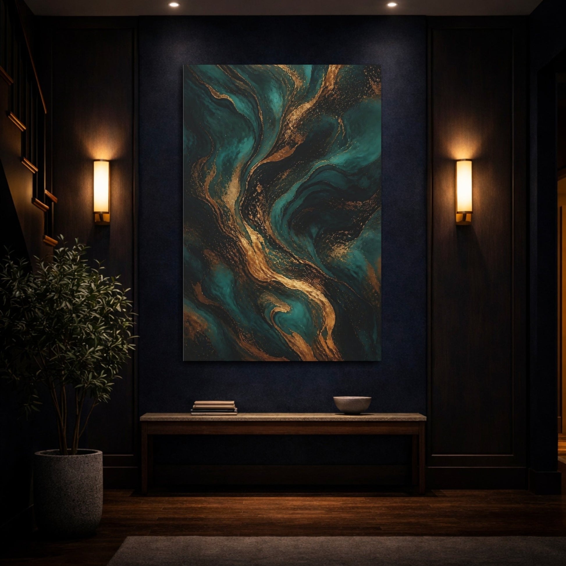 Abstract Marbling Teal And Gold Canvas Wall Art Print – Living Room Decor, Above Couch - YesArtYes