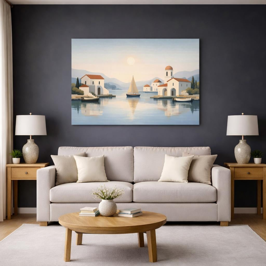 Abstract Mediterranean Harbor View shown as canvas wall art in a modern living room