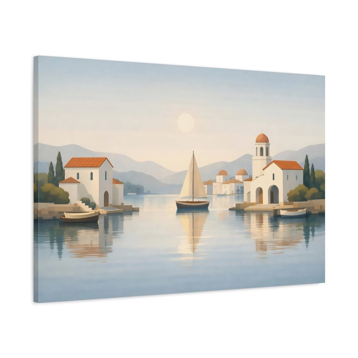 Abstract Mediterranean Harbor View Sailboat Village Nature - Canvas Wall Art Print - YesArtYes