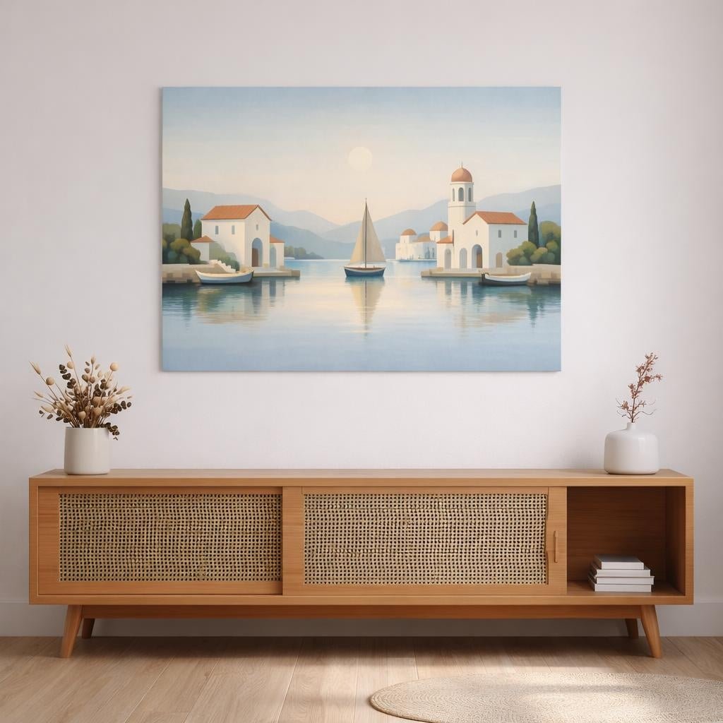 Abstract Mediterranean Harbor View Sailboat Village Nature - Canvas Wall Art Print - YesArtYes
