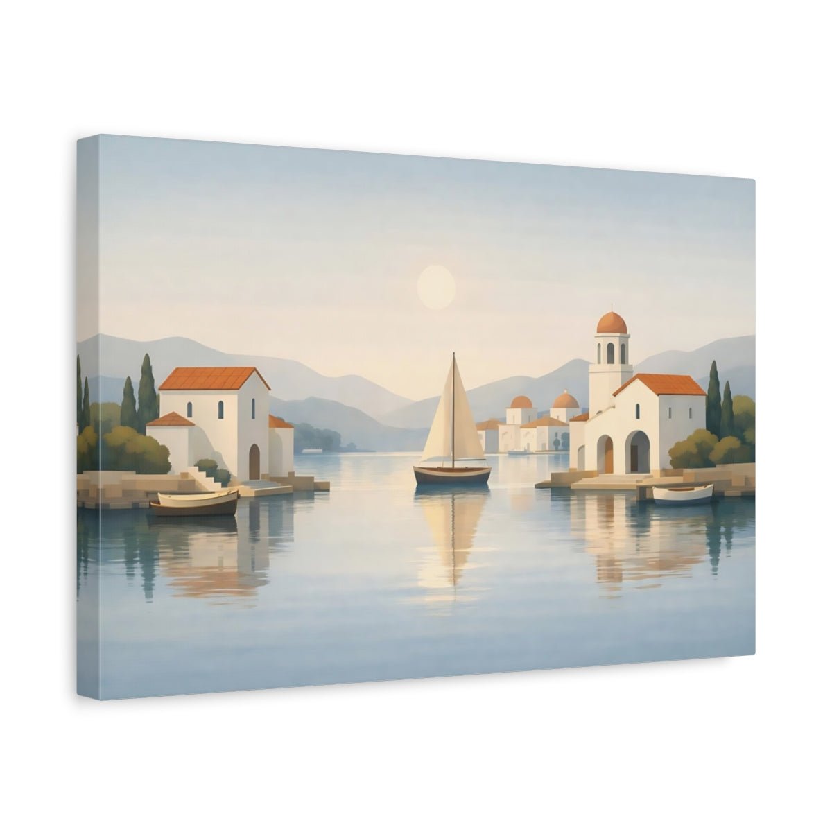 Abstract Mediterranean Harbor View Sailboat Village Nature - Canvas Wall Art Print - YesArtYes