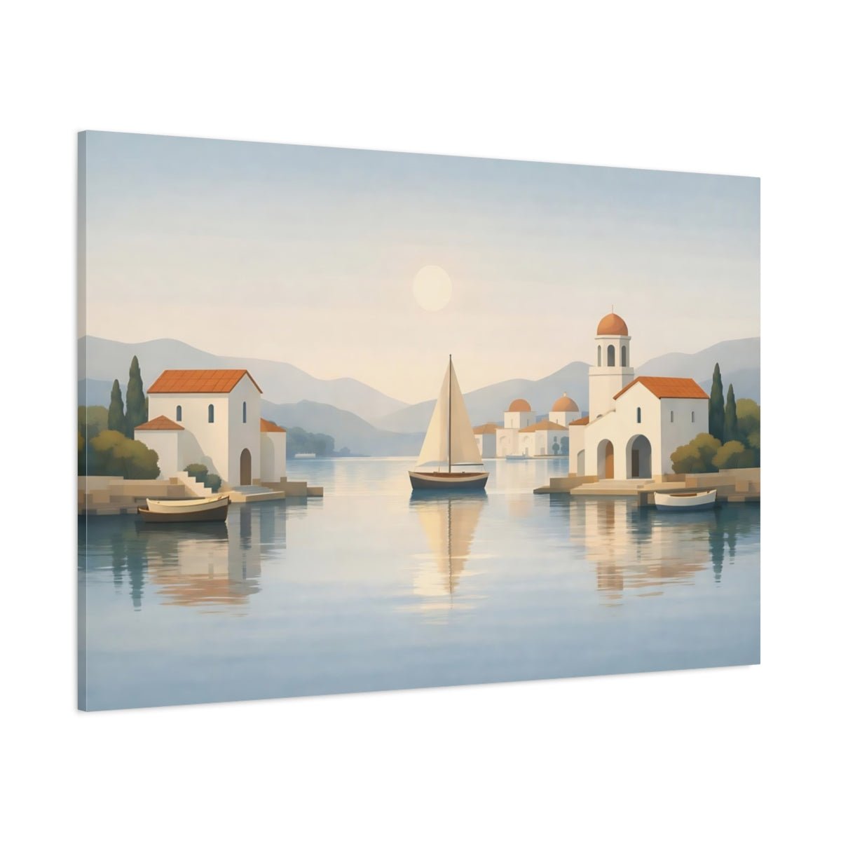 Abstract Mediterranean Harbor View Sailboat Village Nature - Canvas Wall Art Print - YesArtYes