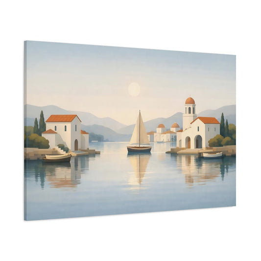 Abstract Mediterranean Harbor View Sailboat Village Nature - Canvas Wall Art Print - YesArtYes