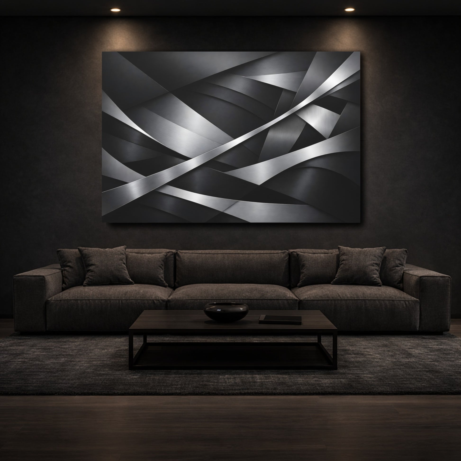 Mockup 2. Abstract Metallic Abstraction Black Silver Abstract shown as stretched canvas wall art