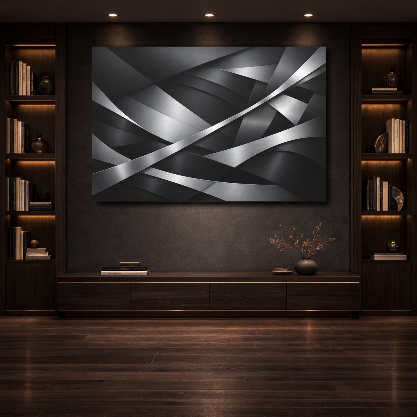 Mockup 3. Abstract Metallic Abstraction Black Silver Abstract shown as stretched canvas wall art