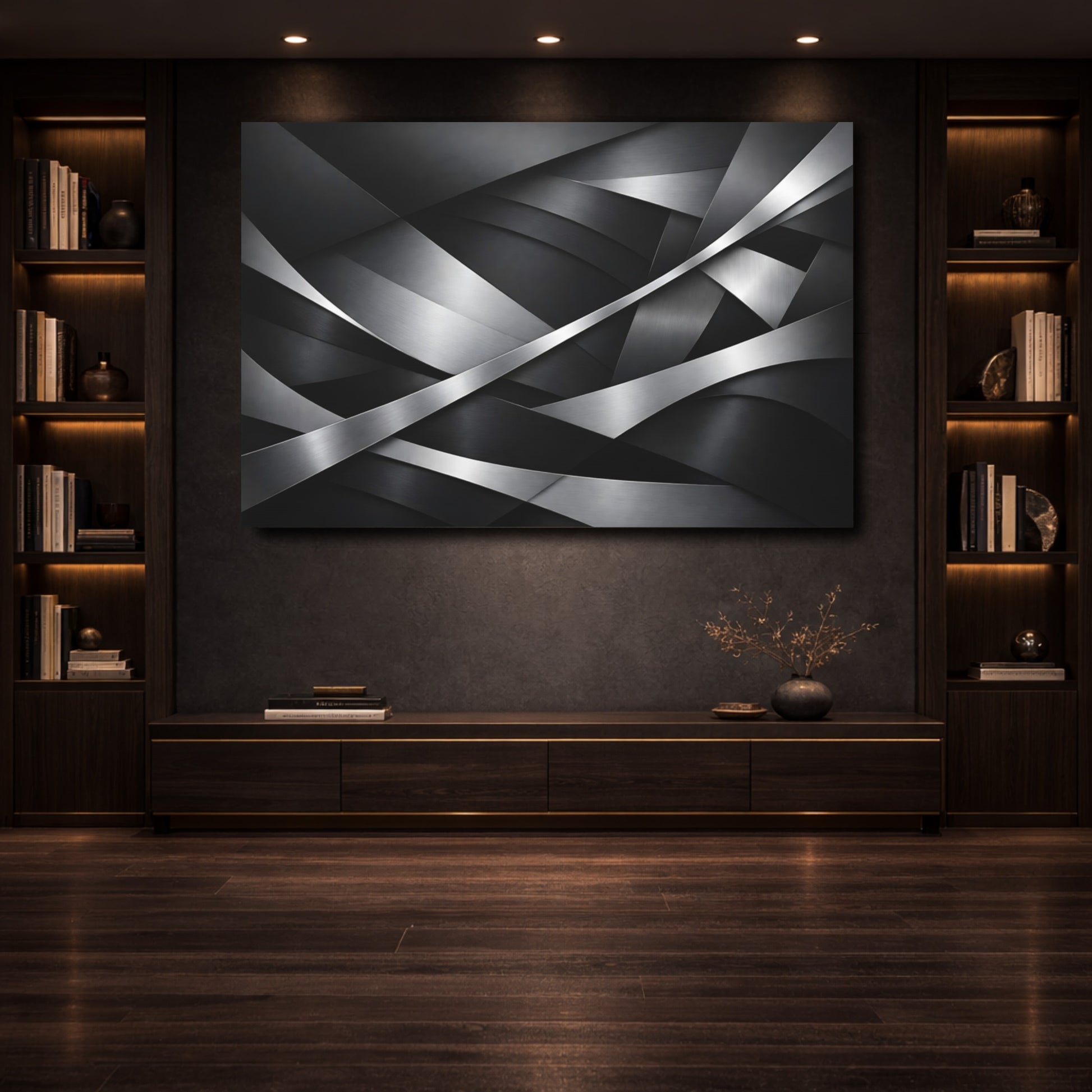 Mockup 3. Abstract Metallic Abstraction Black Silver Abstract shown as stretched canvas wall art
