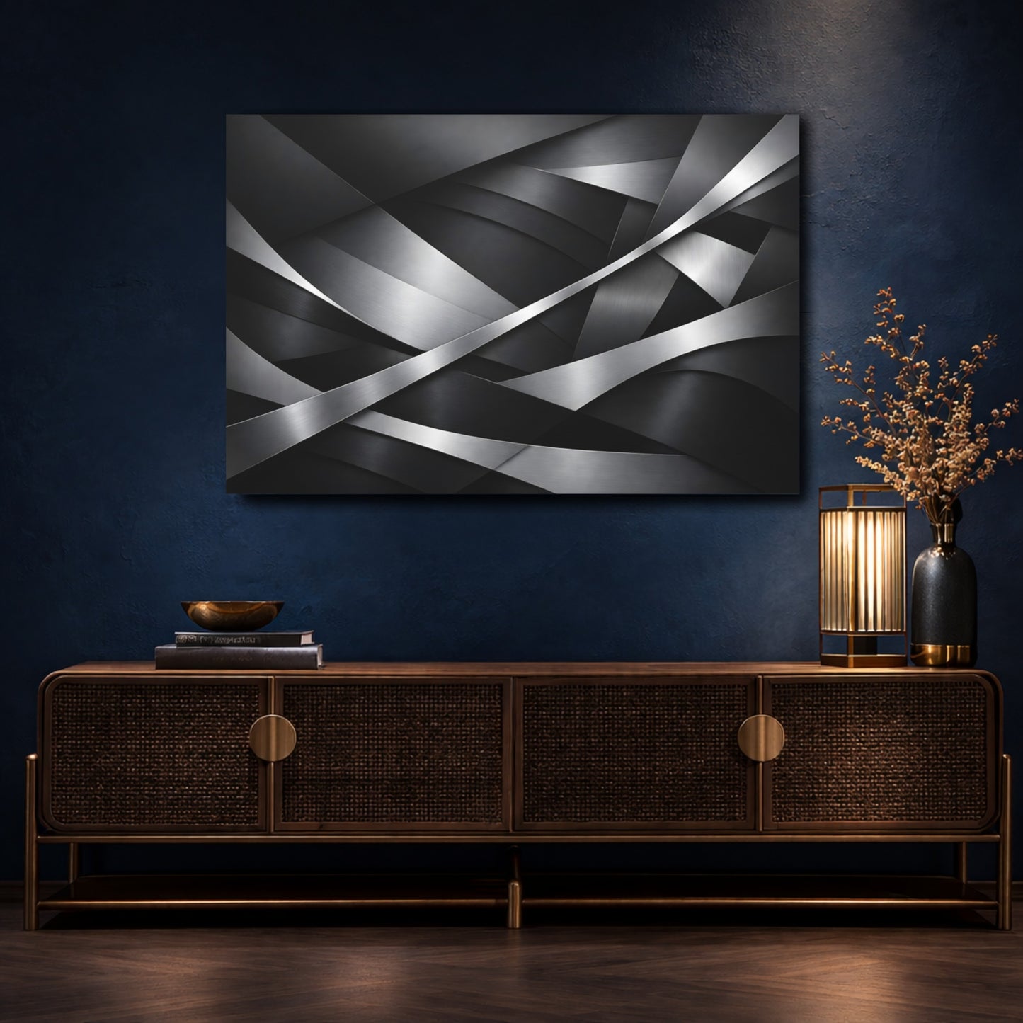 Mockup 4. Abstract Metallic Abstraction Black Silver Abstract shown as stretched canvas wall art
