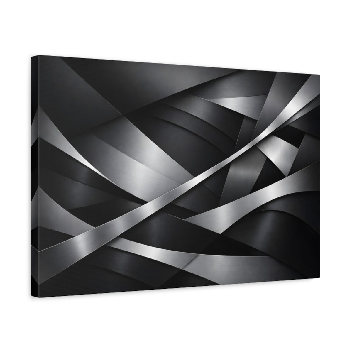 Side Mockup 3. Abstract Metallic Abstraction Black Silver Abstract shown as stretched canvas wall art