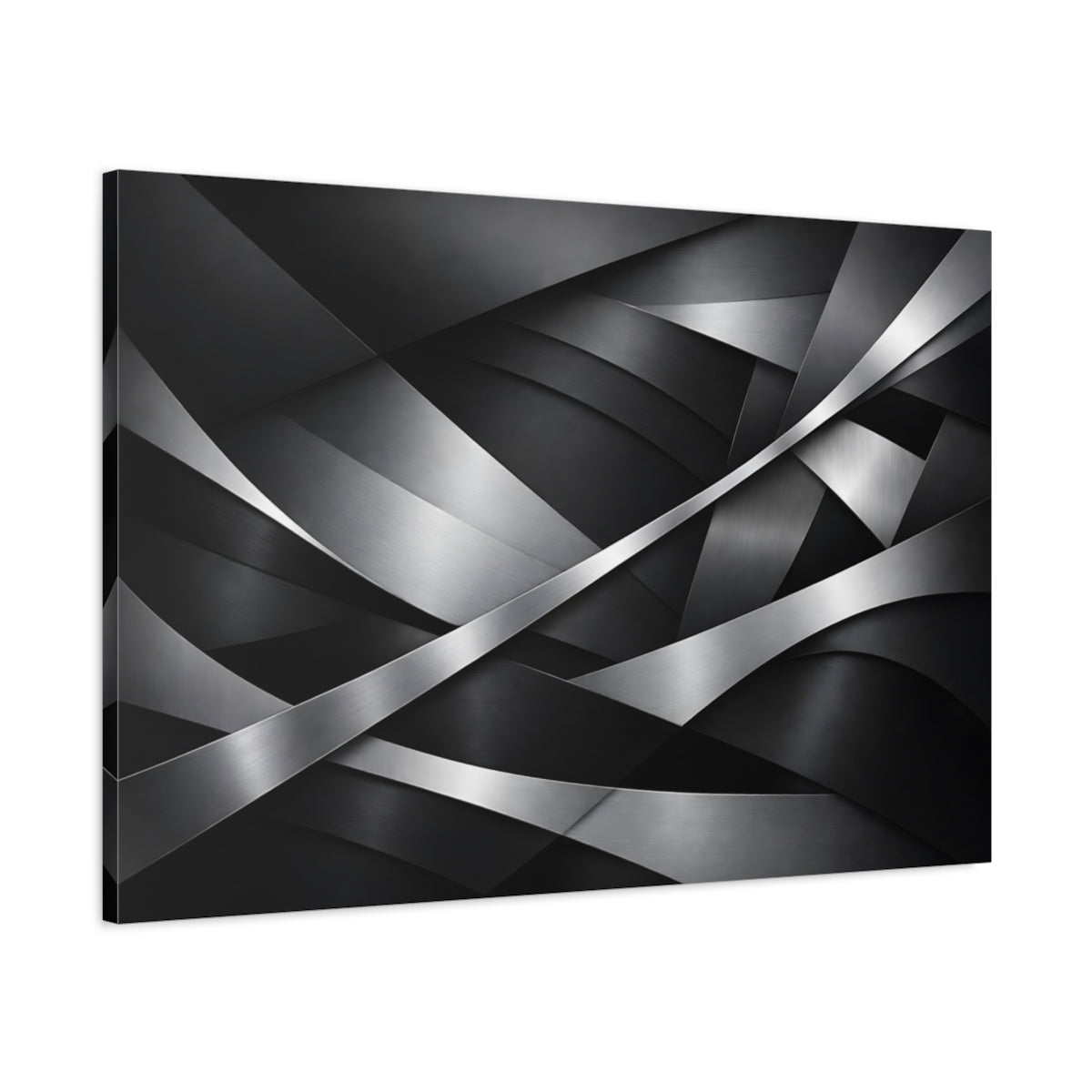 Side Mockup 1. Abstract Metallic Abstraction Black Silver Abstract shown as stretched canvas wall art