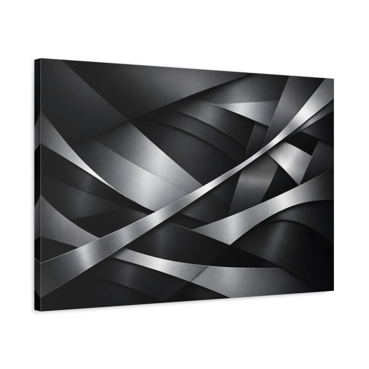 Side Mockup 2. Abstract Metallic Abstraction Black Silver Abstract shown as stretched canvas wall art