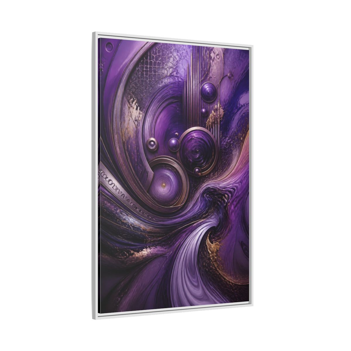 Side Mockup 7. Abstract Metallic Circles shown as framed canvas print