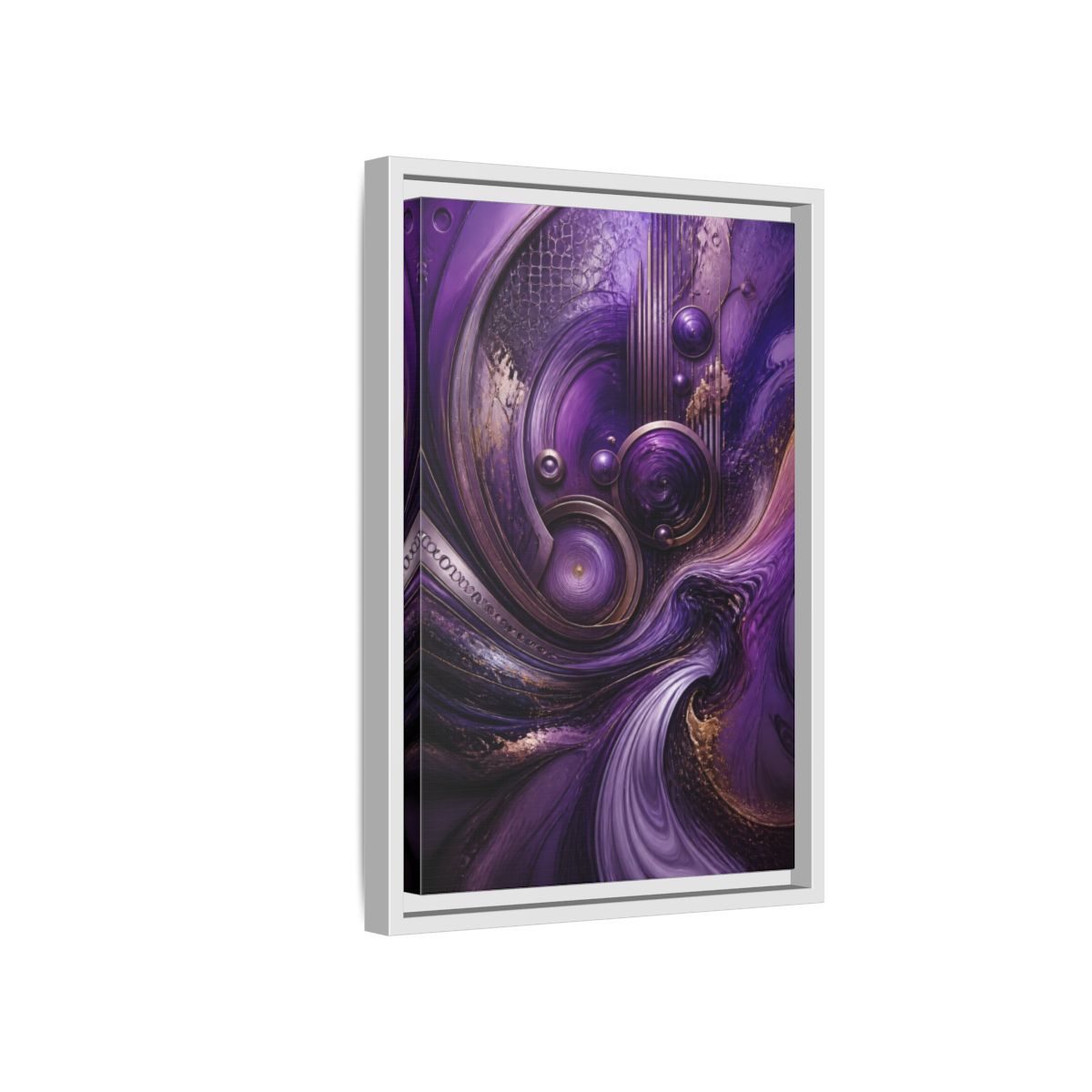 Side Mockup 4. Abstract Metallic Circles shown as framed canvas print