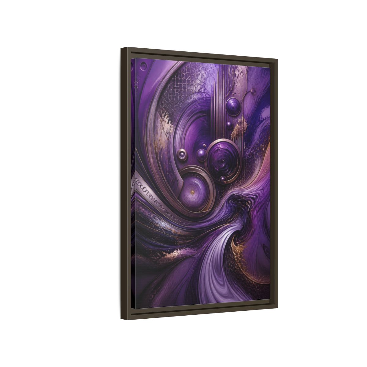 Side Mockup 2. Abstract Metallic Circles shown as framed canvas print