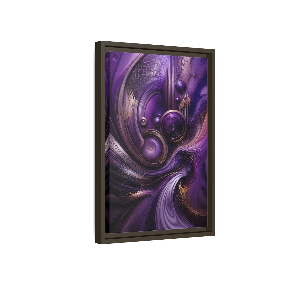 Side Mockup 5. Abstract Metallic Circles shown as framed canvas print