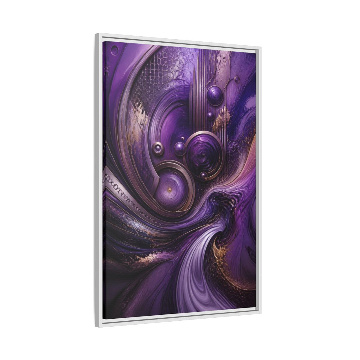 Side Mockup 9. Abstract Metallic Circles shown as framed canvas print