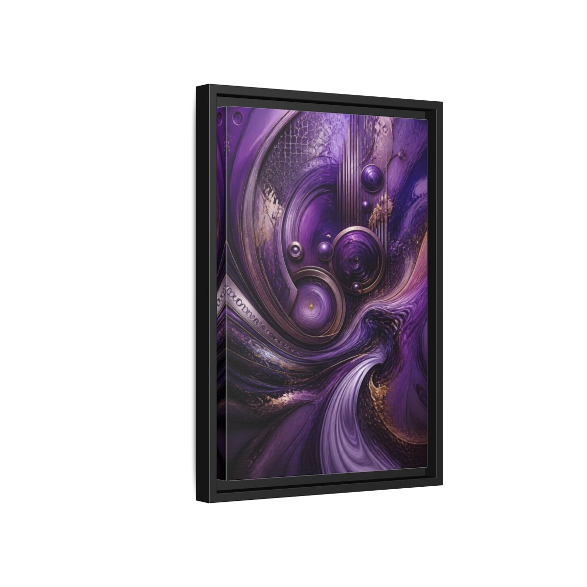 Side Mockup 6. Abstract Metallic Circles shown as framed canvas print