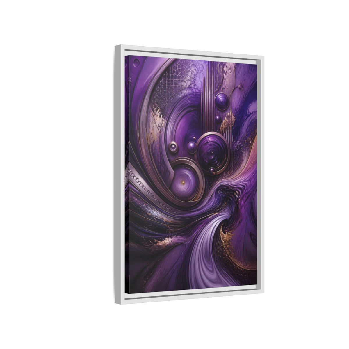 Side Mockup 1. Abstract Metallic Circles shown as framed canvas print