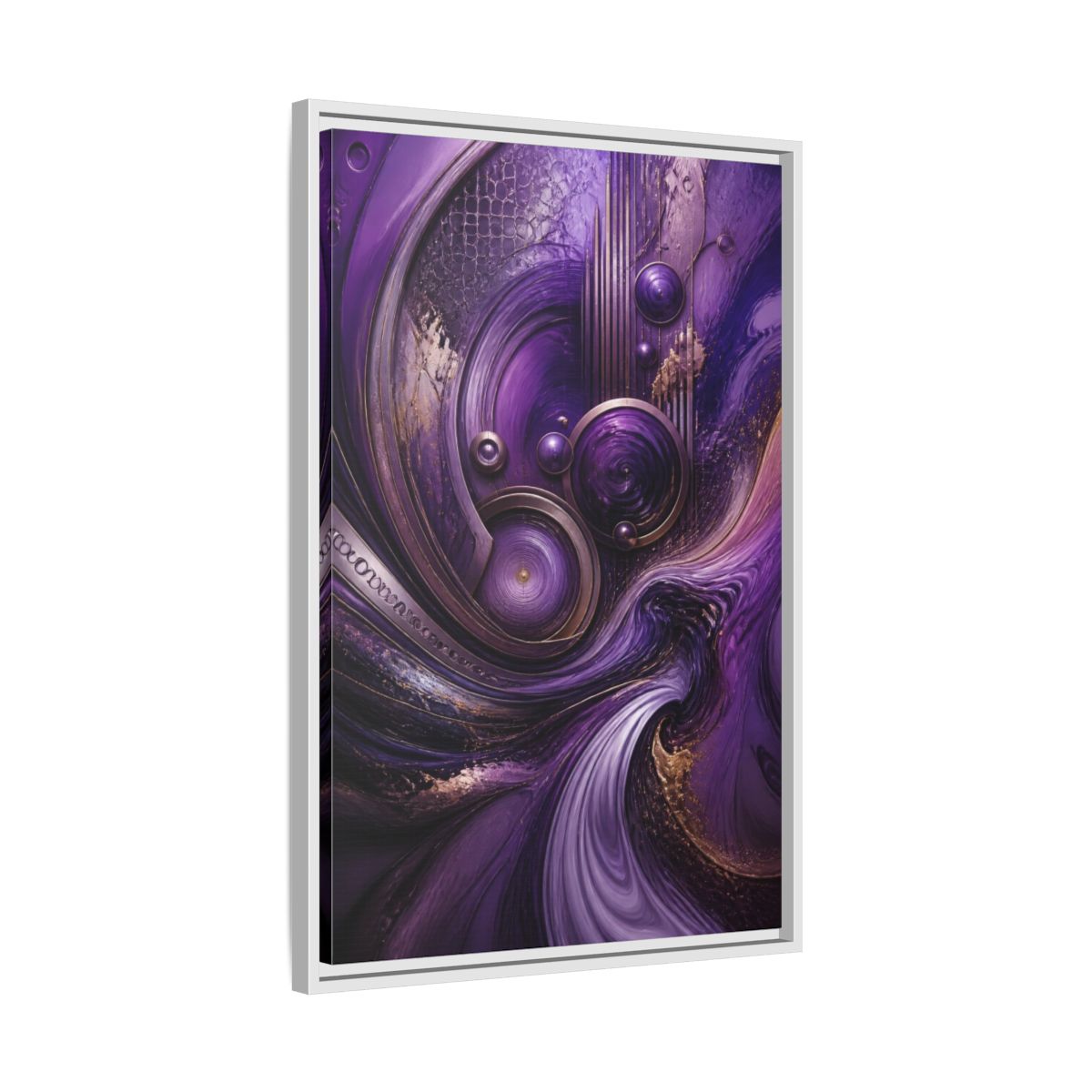 Side Mockup 10. Abstract Metallic Circles shown as framed canvas print