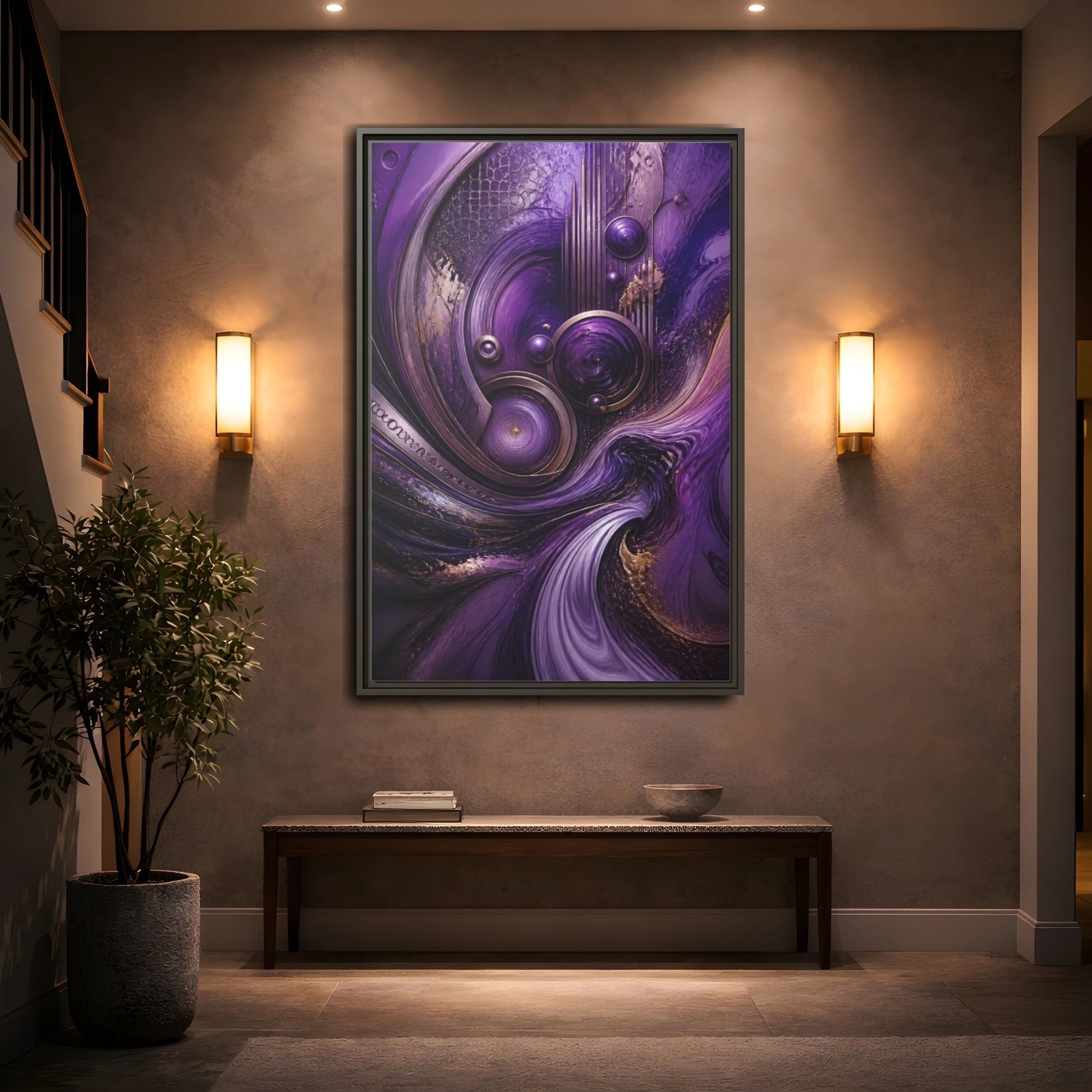 Mockup 2. Abstract Metallic Circles shown as framed canvas print