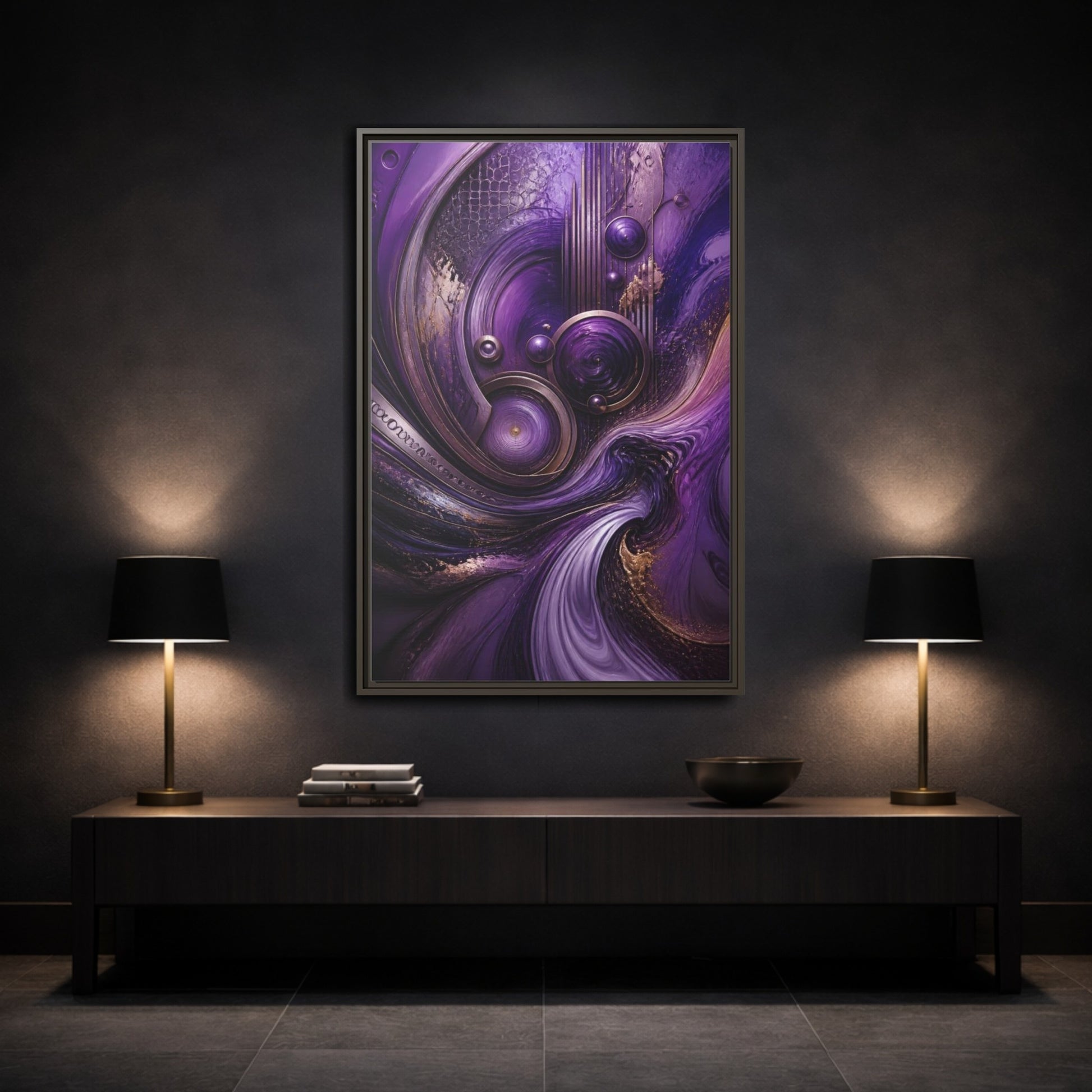 Mockup 3. Abstract Metallic Circles shown as framed canvas print