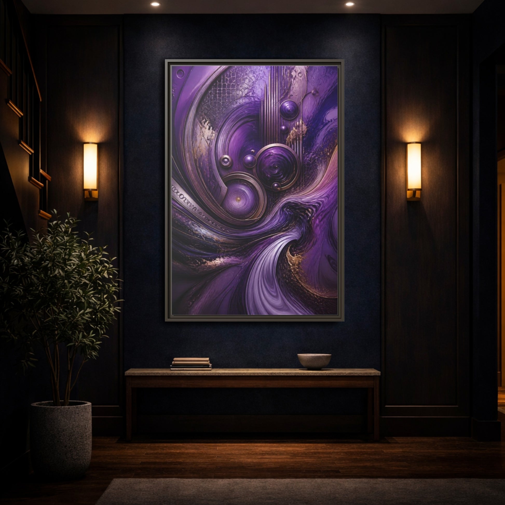 Mockup 4. Abstract Metallic Circles shown as framed canvas print