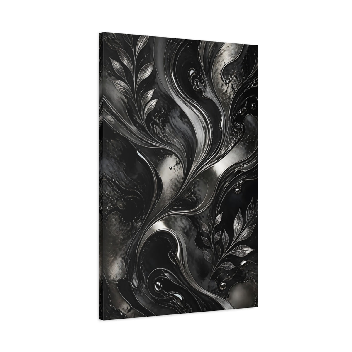 Main Mockup. Abstract Metallic Leaves Black And Silver shown as stretched canvas wall art