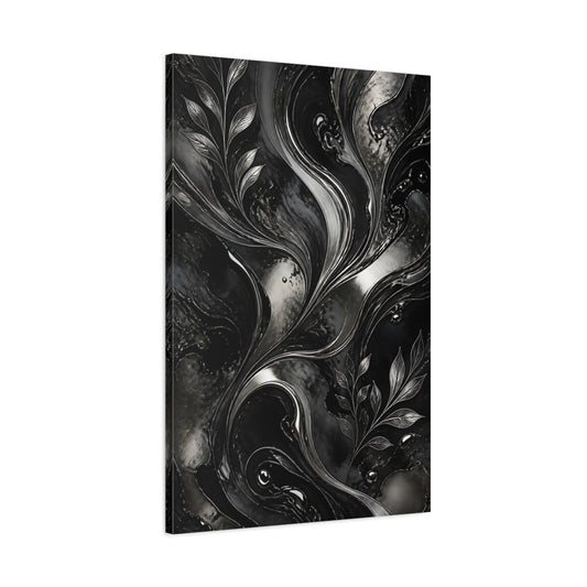 Main Mockup. Abstract Metallic Leaves Black And Silver shown as stretched canvas wall art