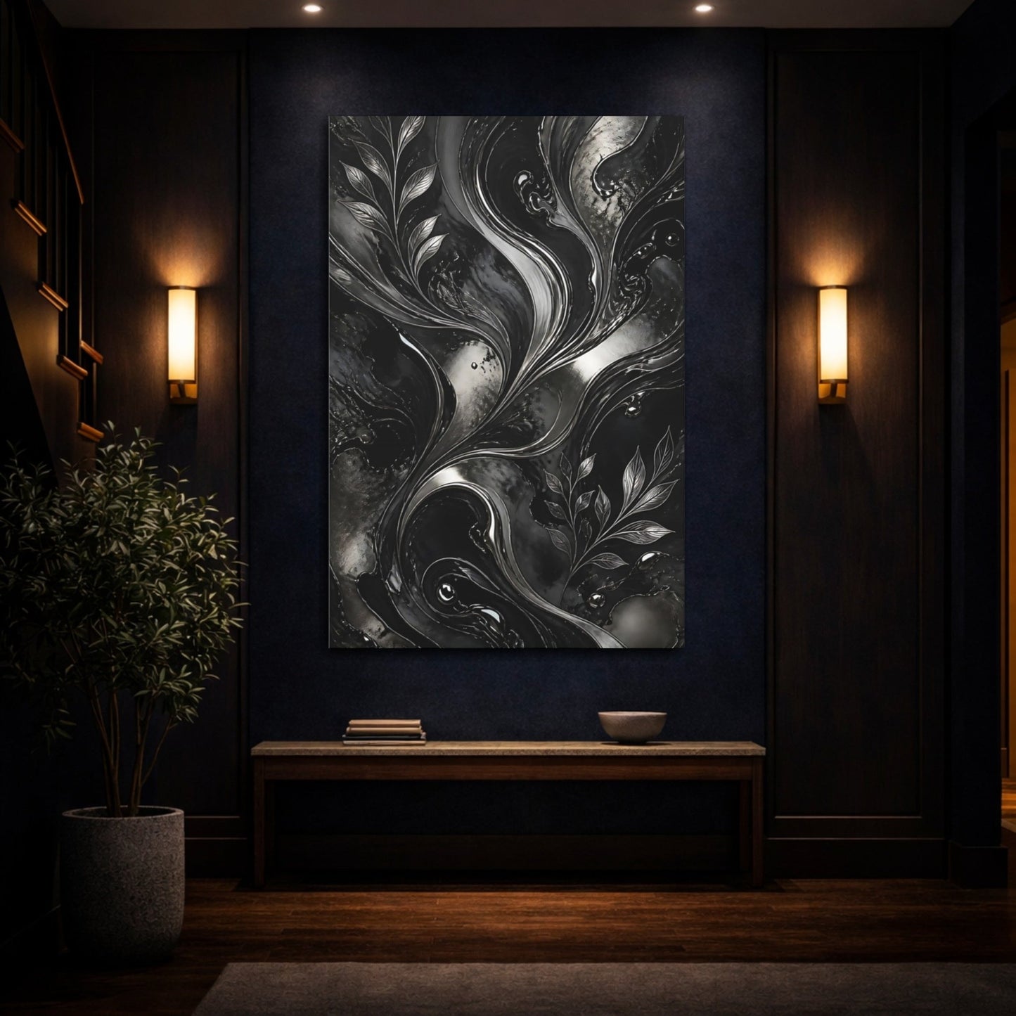 Abstract Metallic Leaves Black And Silver Canvas Print – modern Living Room, Above Fireplace - YesArtYes