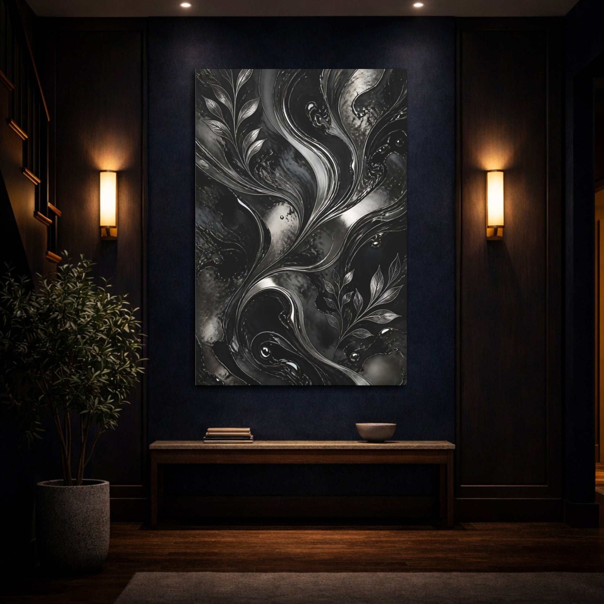 Abstract Metallic Leaves Black And Silver Canvas Print – modern Living Room, Above Fireplace - YesArtYes