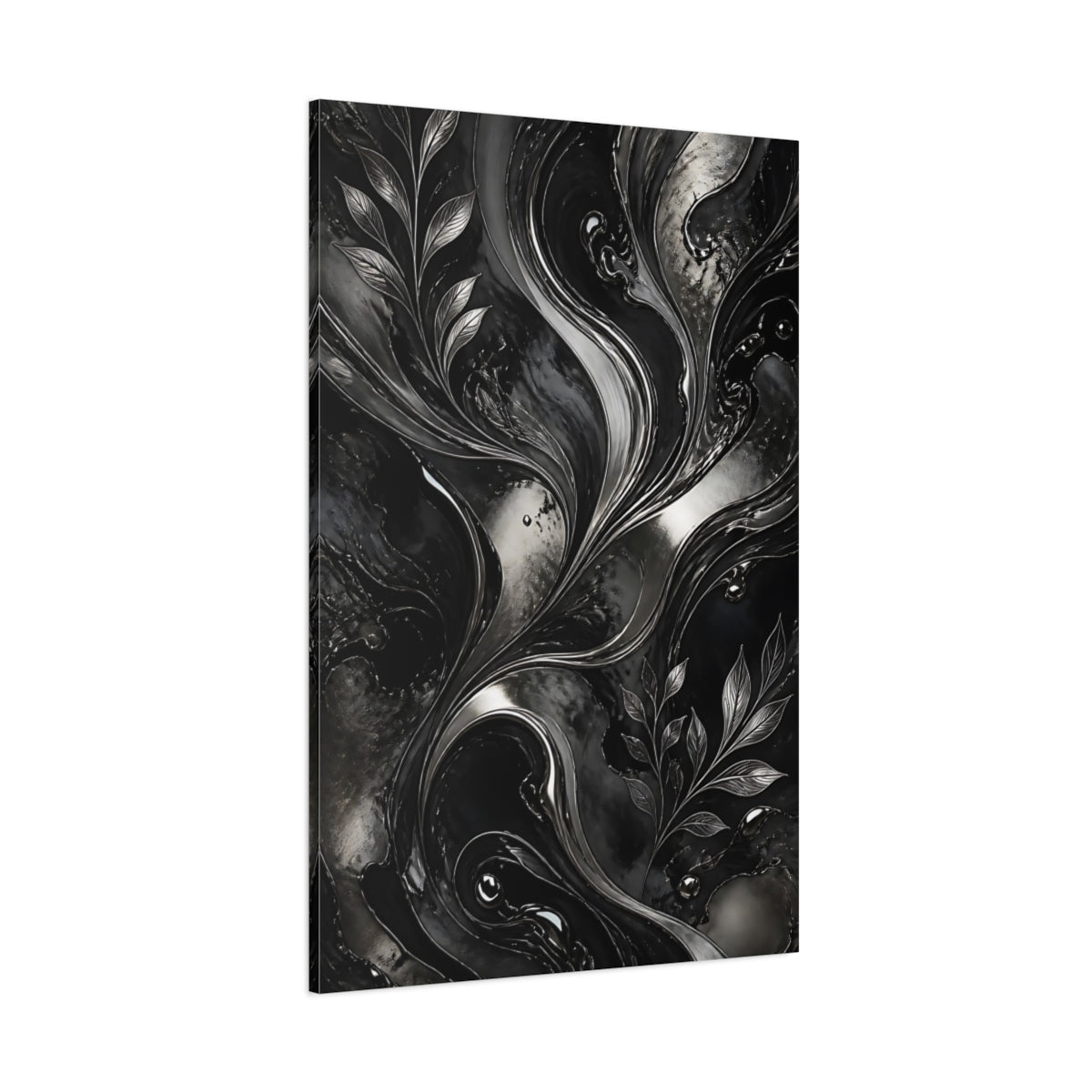 Abstract Metallic Leaves Black And Silver Canvas Print – modern Living Room, Above Fireplace - YesArtYes